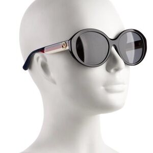 Gucci Black Round Sunglasses with Tricolor Temples and Gold Logo